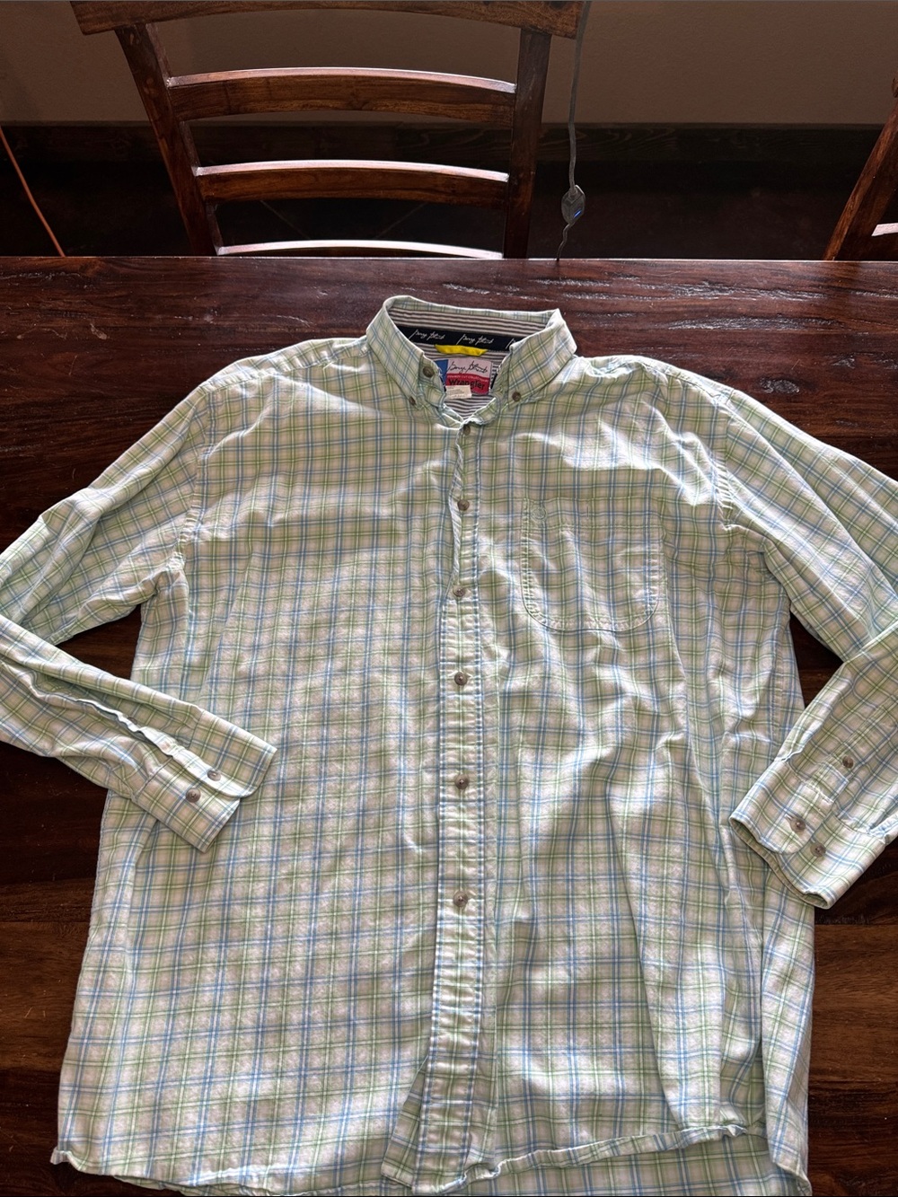 Wrangler Light Green and Blue Plaid Men's Button-Down Shirt